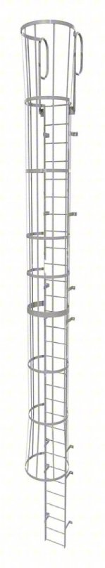 Tri-Arc Fixed Steel Ladder with Walk-Thru and Cage - 30 Rungs